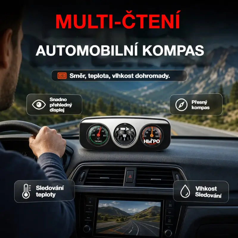 Multifunkční 3v1 automobilový kompas s teploměrem a vysokou přesností.