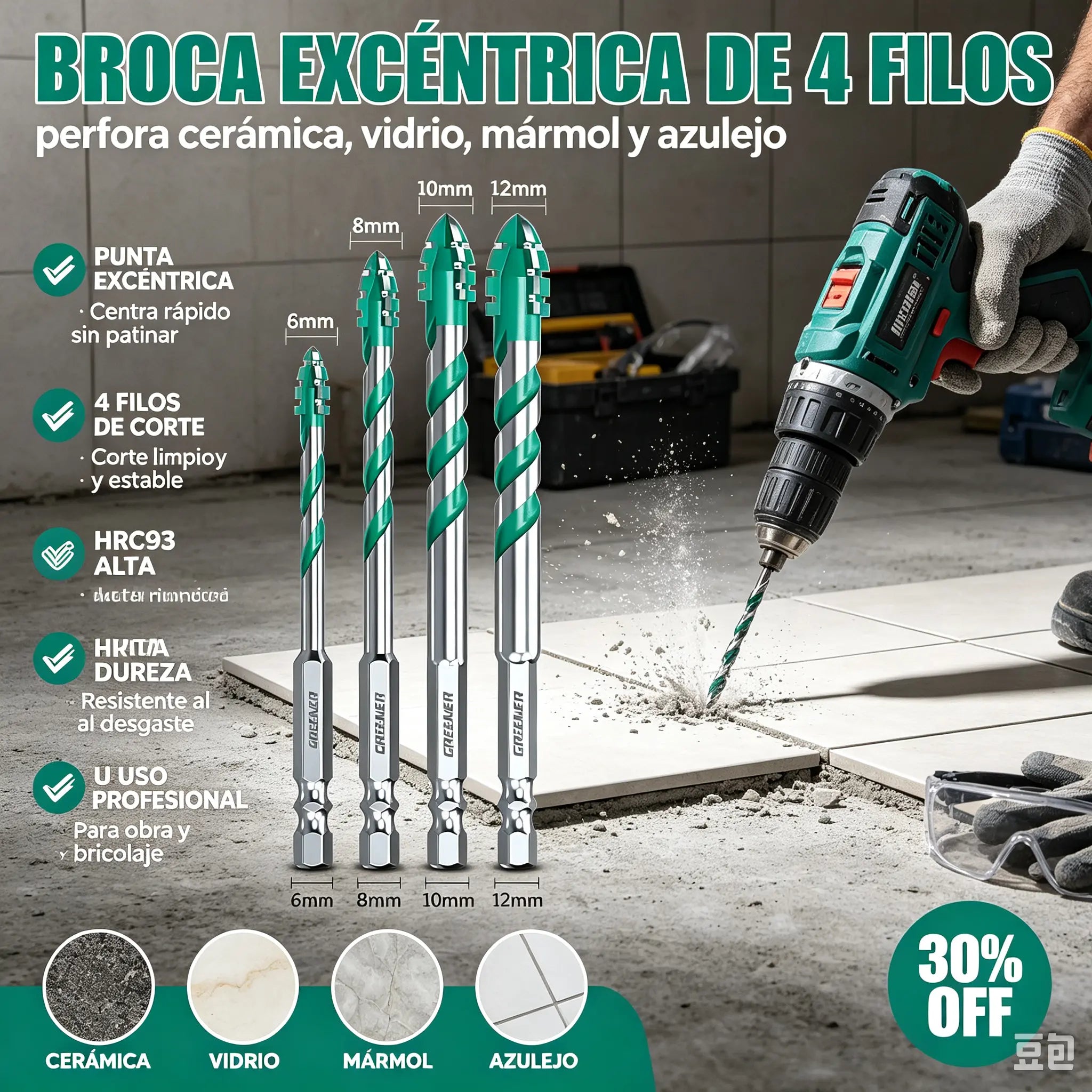 🔩【6+8+10+12mm（4 piezas）】✨Broca de 4 Filos Multimaterial – Perforación Rápida y Precisa en Acero, Vidrio y Cerámica 💪✨