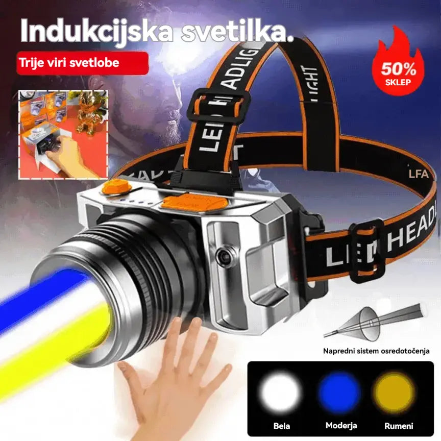 【🔥Zadnji dan s 50 % popustom!】💡LED naglavna svetilka s senzorjem, dolgo življenjsko dobo baterije in vrtljivim zoomom.