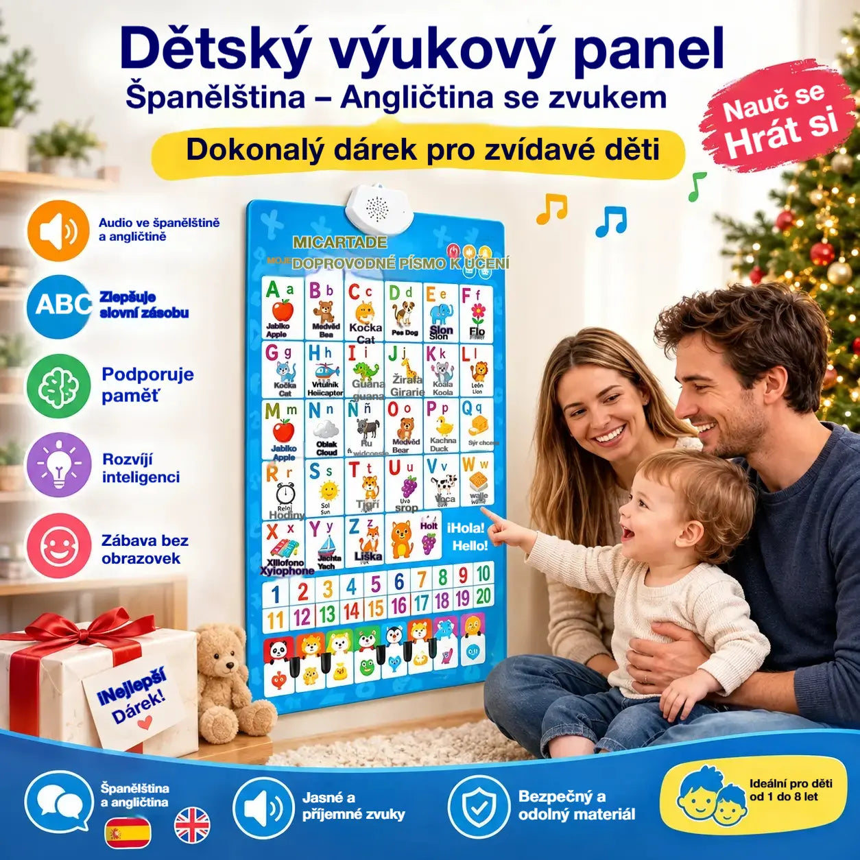 🔊 Dvojjazyčná mluvící vzdělávací tabulka (španělsko-anglická) | Abeceda se zvukem (26/27 písmen) | Luxusní dárková sada pro děti 🎁