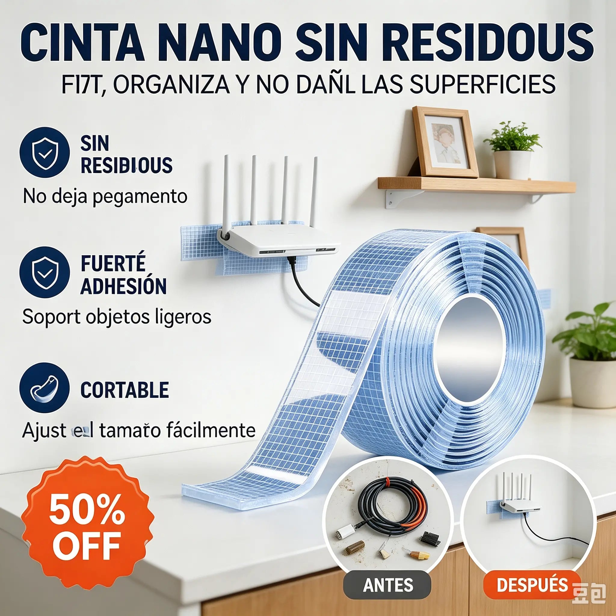 🔥【3 rollos】✨Cinta adhesiva transparente de doble cara sin costuras Mesh Nano