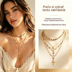 ✨ Viacvrstvový náhrdelník s drahokamami v tvare kríža | Elegantné šperky v bohémskom štýle, módny doplnok, ktorý kombinuje šarm a ochrannú symboliku ✨