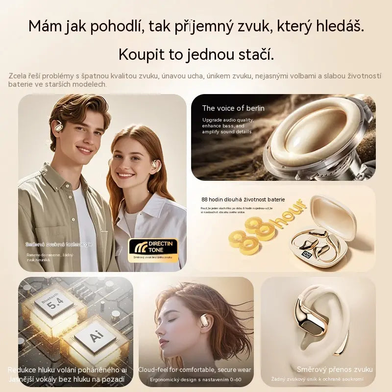 🔋Bezdrátová Bluetooth sluchátka bez vestavěného ucha, s háčkem za uši a kostním vedením🎙️🎧