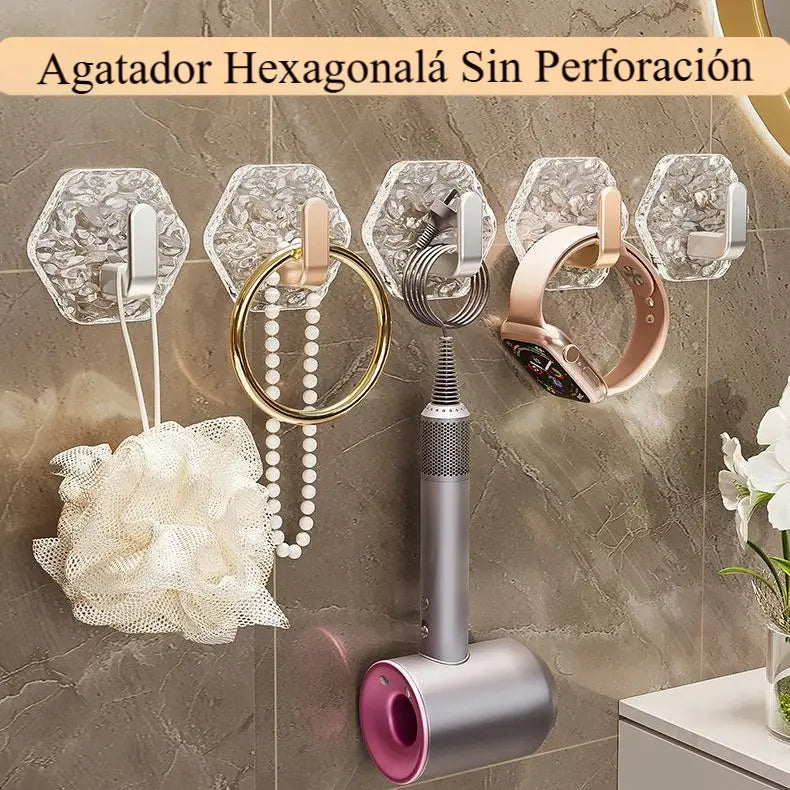 🔥10 piezas 25 euros🏆Percha hexagonal sin perforación. 💎 Elegante diseño de textura de iceberg: fácil de pegar, soporte fuerte, sin rastros 🛁