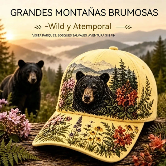 🛍️ Edición especial retro: Gorra de verano con temática «Great Smoky Mountains» ✨ Diseño exclusivo con un oso negro y flores silvestres | Gorra de béisbol ajustable, estilo vintage para actividades al aire libre