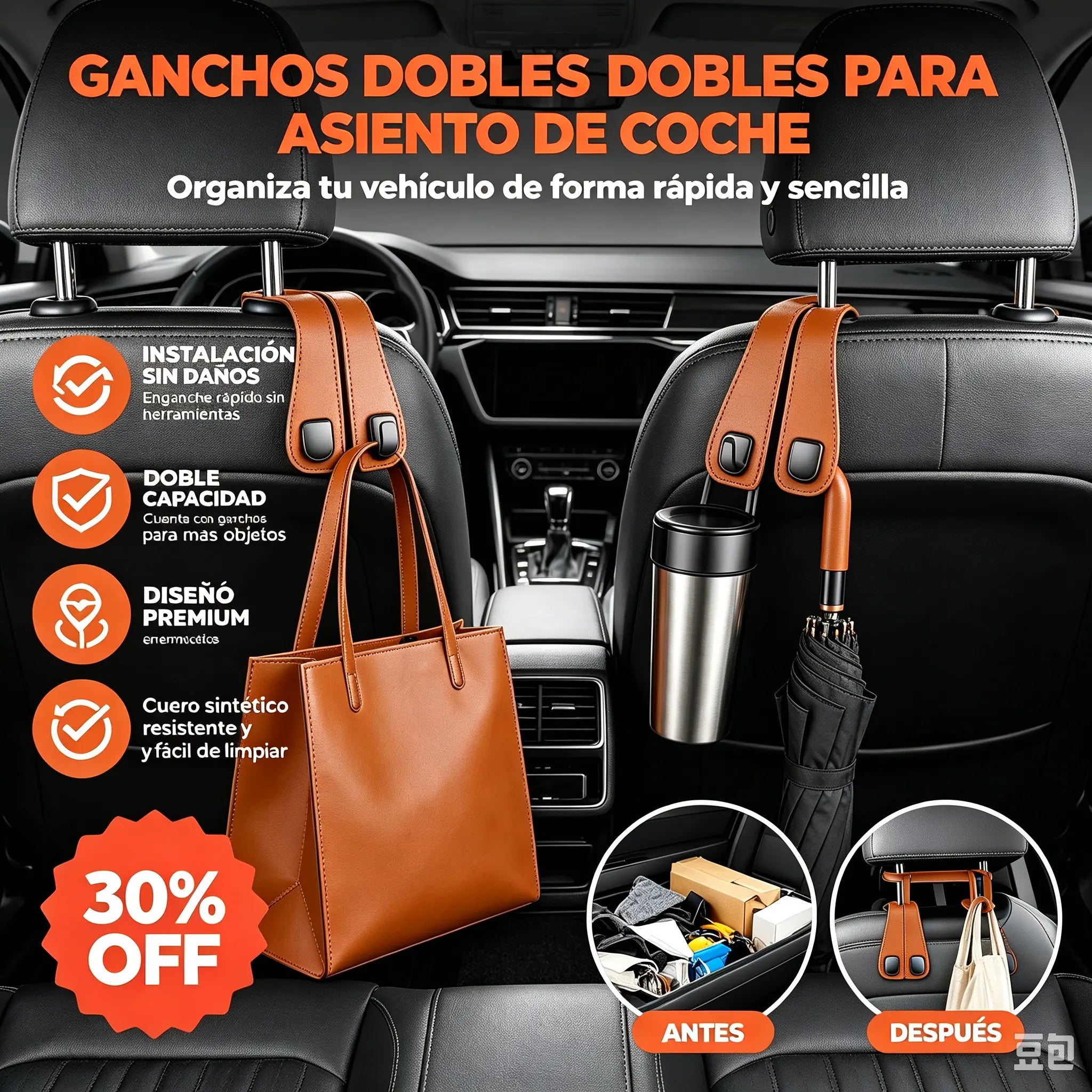 🥳50% DE DESCUENTO🔥✨【Paquete de 2】🚗🛍️Nuevos ganchos dobles para el respaldo del asiento del coche