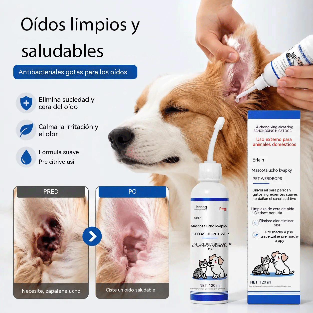 🐱🐶 Gotas suaves para limpiar los oídos de tu mascota – Adiós a las infecciones y molestias del oído externo.