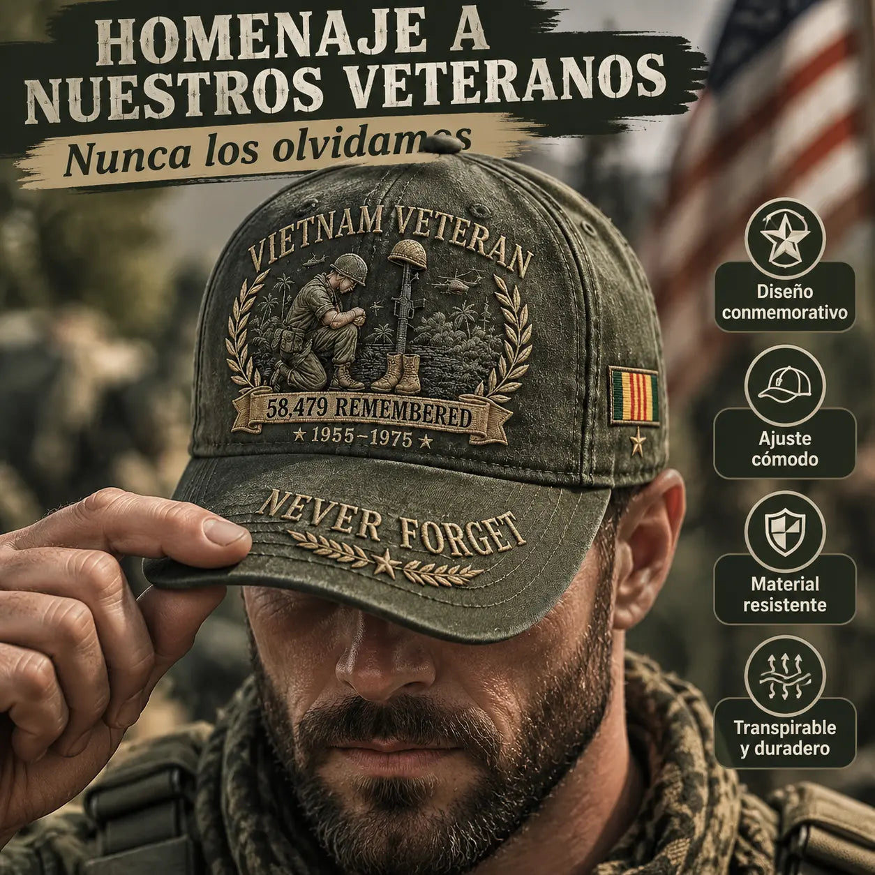 🧢🤠Gorra conmemorativa para veteranos de la guerra de Vietnam 🎁 Compra cualquier gorra y recibe una moneda conmemorativa de doble cara de regalo.