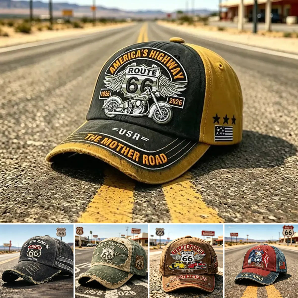Gorra de béisbol retro ajustable de la Ruta 66, la elección perfecta para los entusiastas del ciclismo.