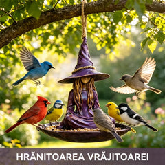 Függő madáretető "Meditáló boszorkány", kreatív és varázslatos dekoráció kertbe, teraszra és udvarra, tartós anyagból