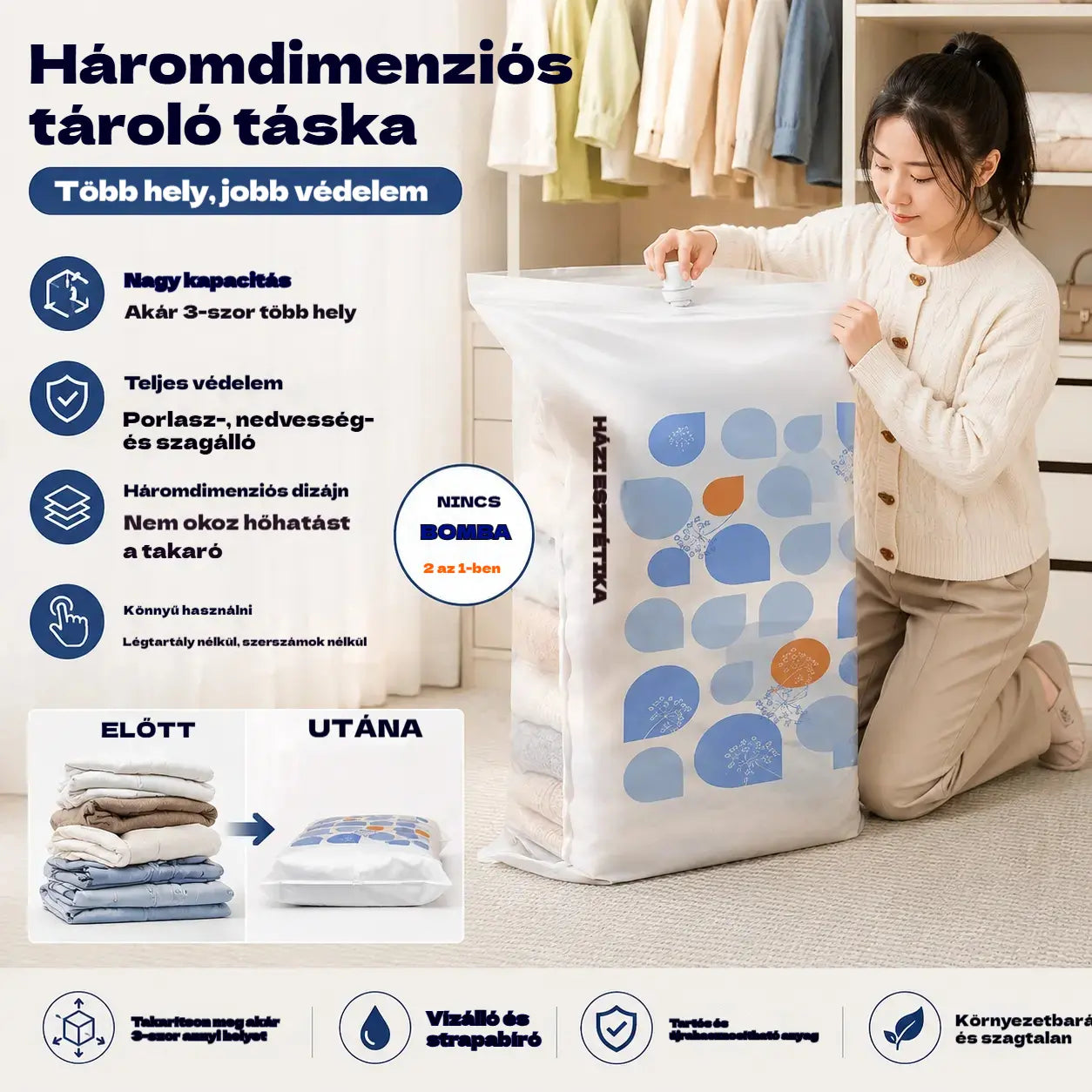 🧳✨【50*65*30cm】【5 részes készlet】🤩Vákuumos kompressziós zsákok tároláshoz, vákuumos kompressziós zsákok paplanokhoz, ruhákhoz és pehelykabátokhoz.