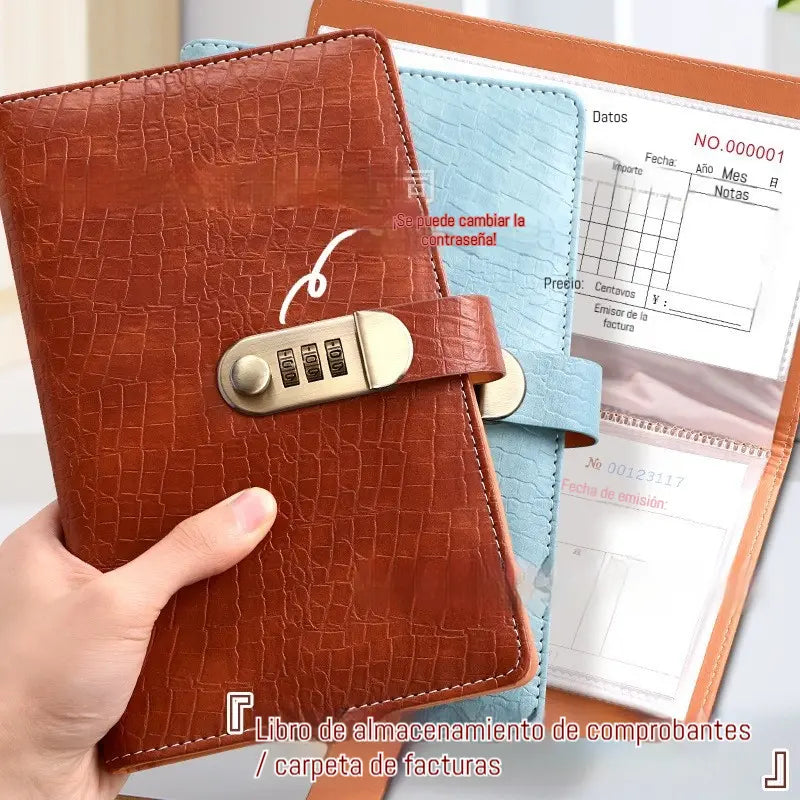 Se utiliza una libreta protegida con contraseña para guardar cheques, dinero en efectivo, tarjetas bancarias y diversos comprobantes.