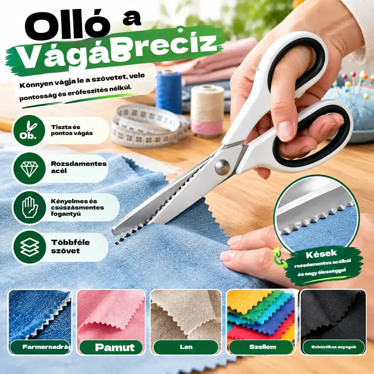 ✂️ Többcélú vágóolló cikkcakk vágóéllel – szövethez, papírhoz és kézműves termékekhez 🧵