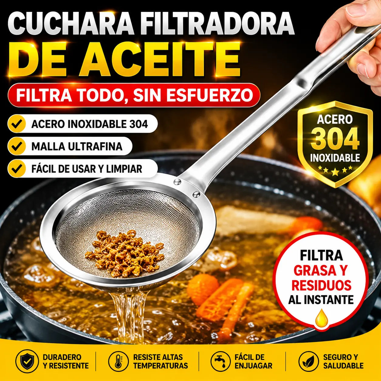 🍲 3 piezas🍲 Cuchara Coladora de Acero Inoxidable 304 | ¡Filtra Espuma y Residuos Fácilmente!