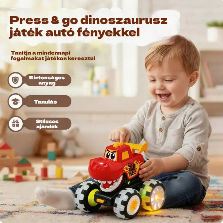 🦖🚗 Dinoszaurusz autó nyomógombos indítási funkcióval: egy könnyű megnyomással villogó fények és vidám robaj kíséretében elszáguld ✨🎮
