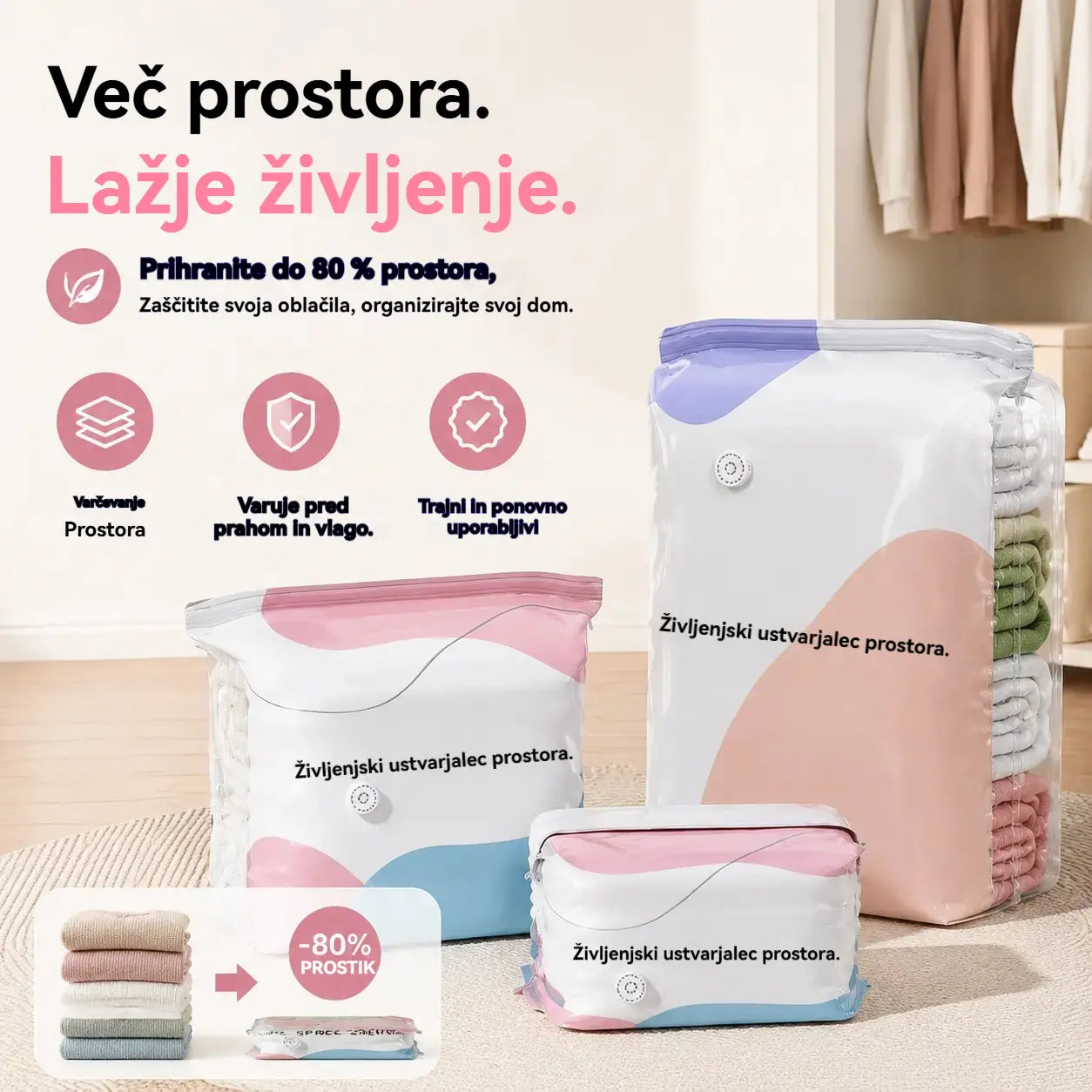 🧳【5-delni komplet 29 evrov】💨 Velika, stisljiva vakuumska vrečka za shranjevanje: črpalka ni potrebna, neprepustna in idealna za prihranek prostora v kovčkih in doma ✈️