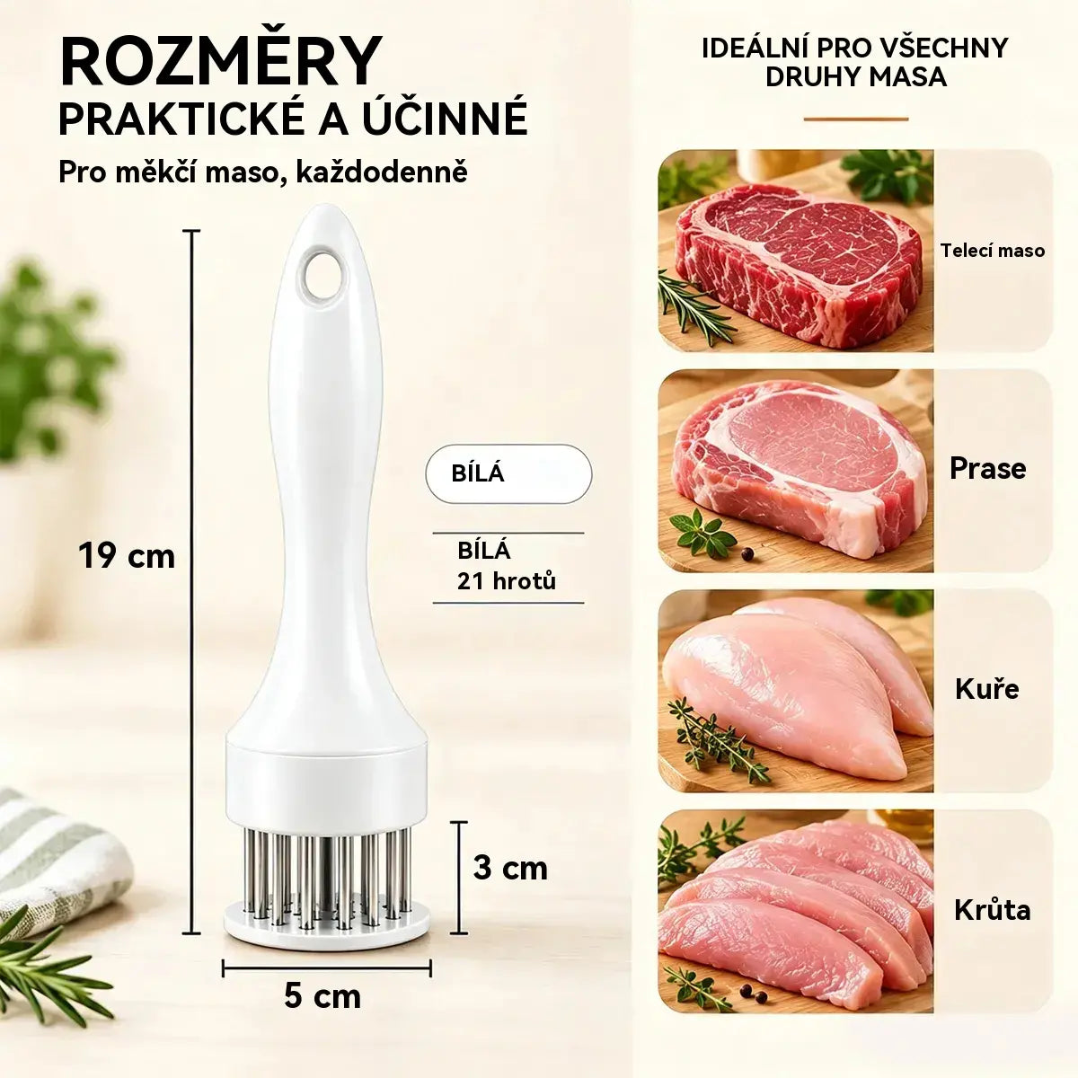 21bodová jehla na změkčování masa z nerezové oceli na steaky, grilování a vaření.