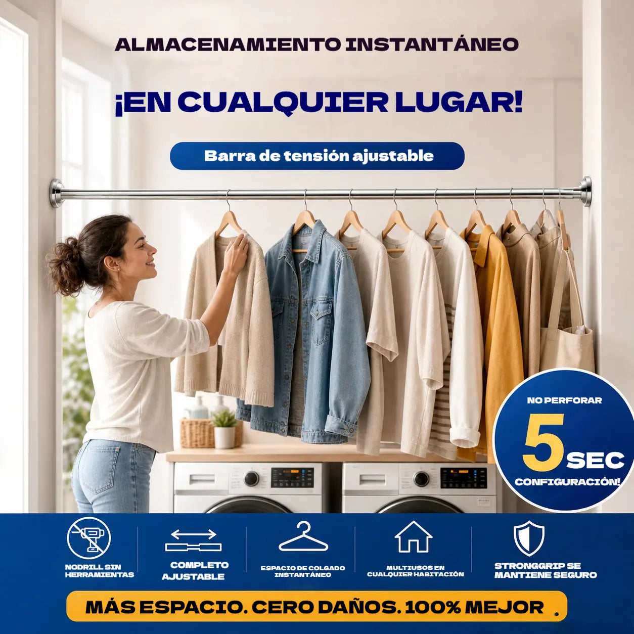 🛠️🚫 Barra de tensión ajustable: no requiere perforación, instalación en segundos, almacenamiento inteligente para el hogar 🏠✨