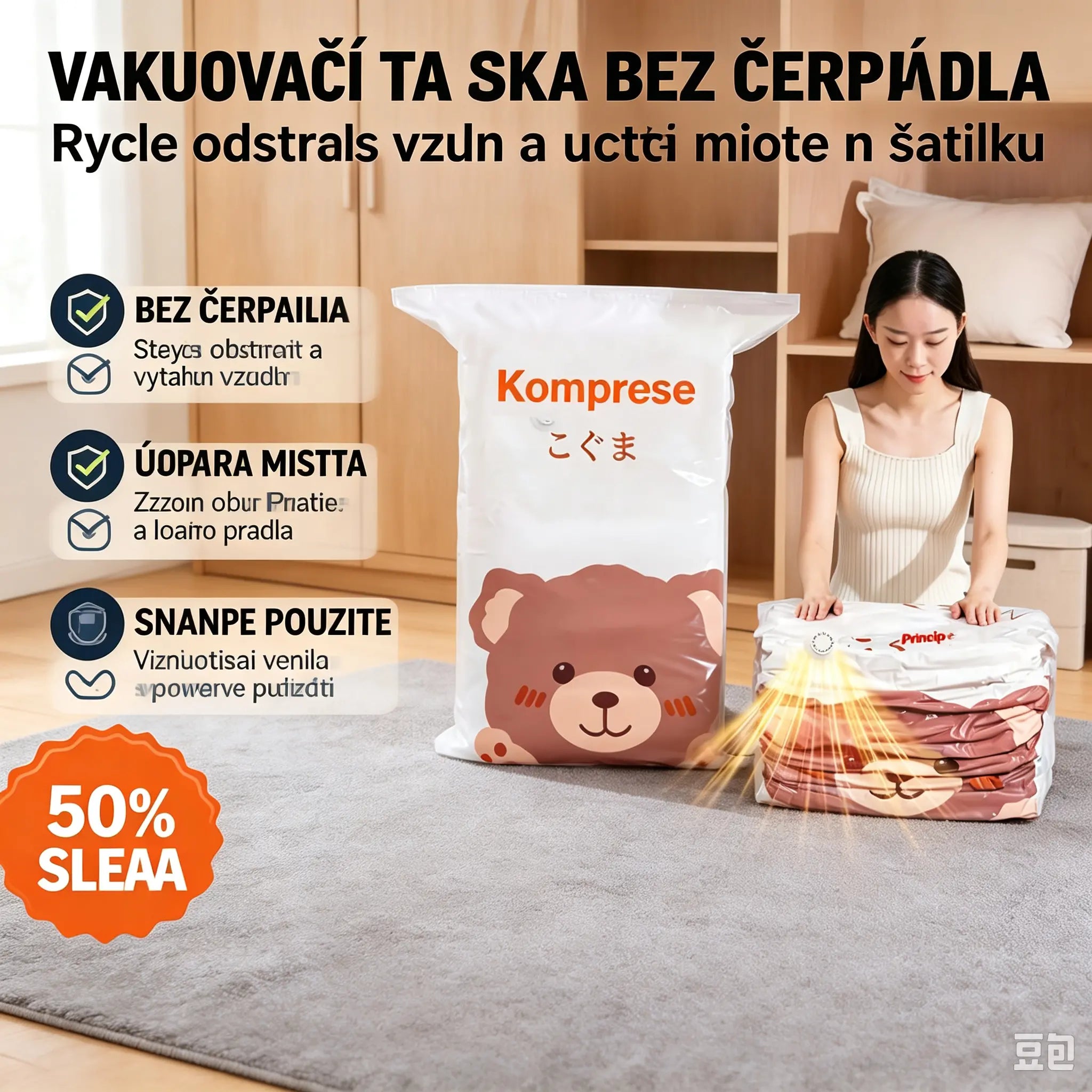 🧳【Sada 5 kusů】💨 Velký, stlačitelný vakuový úložný sáček: není potřeba pumpička, nepropustný a ideální pro úsporu místa v kufrech i doma ✈️