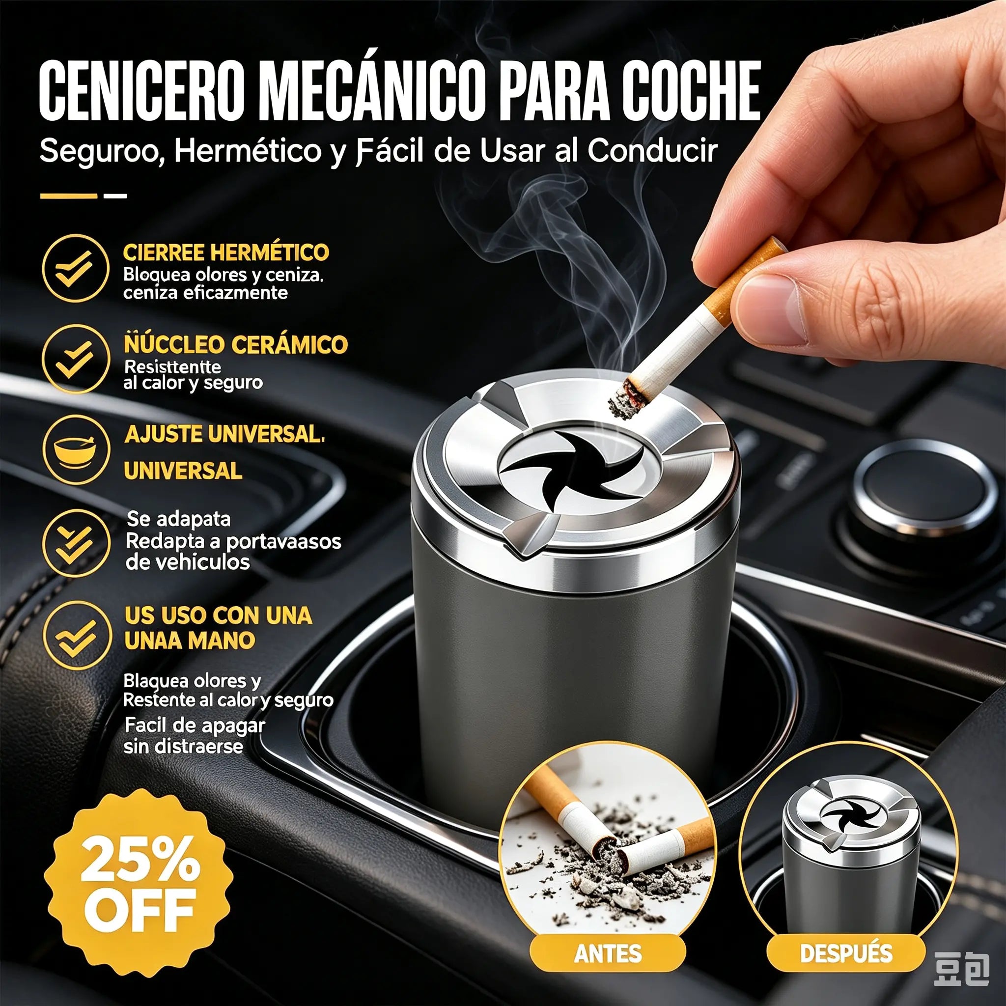 🥳50% de descuento🔥🚗 Cenicero giratorio para coche con revestimiento cerámico y tapa con cierre mecánico.