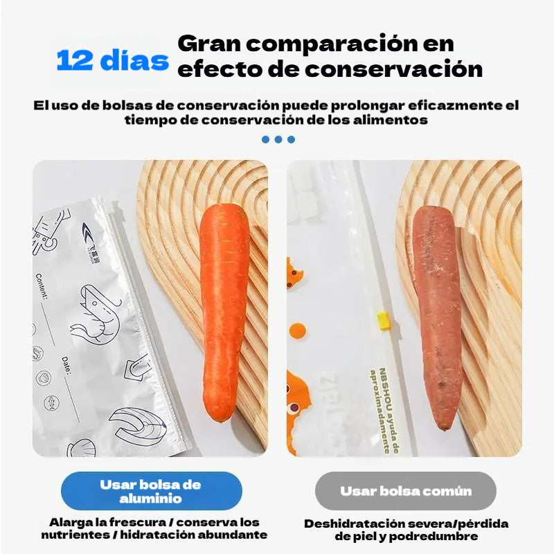 Bolsas de aluminio antibacterianas aptas para uso alimentario, para refrigerador o uso doméstico, para la conservación y el sellado de carne y verduras congeladas.