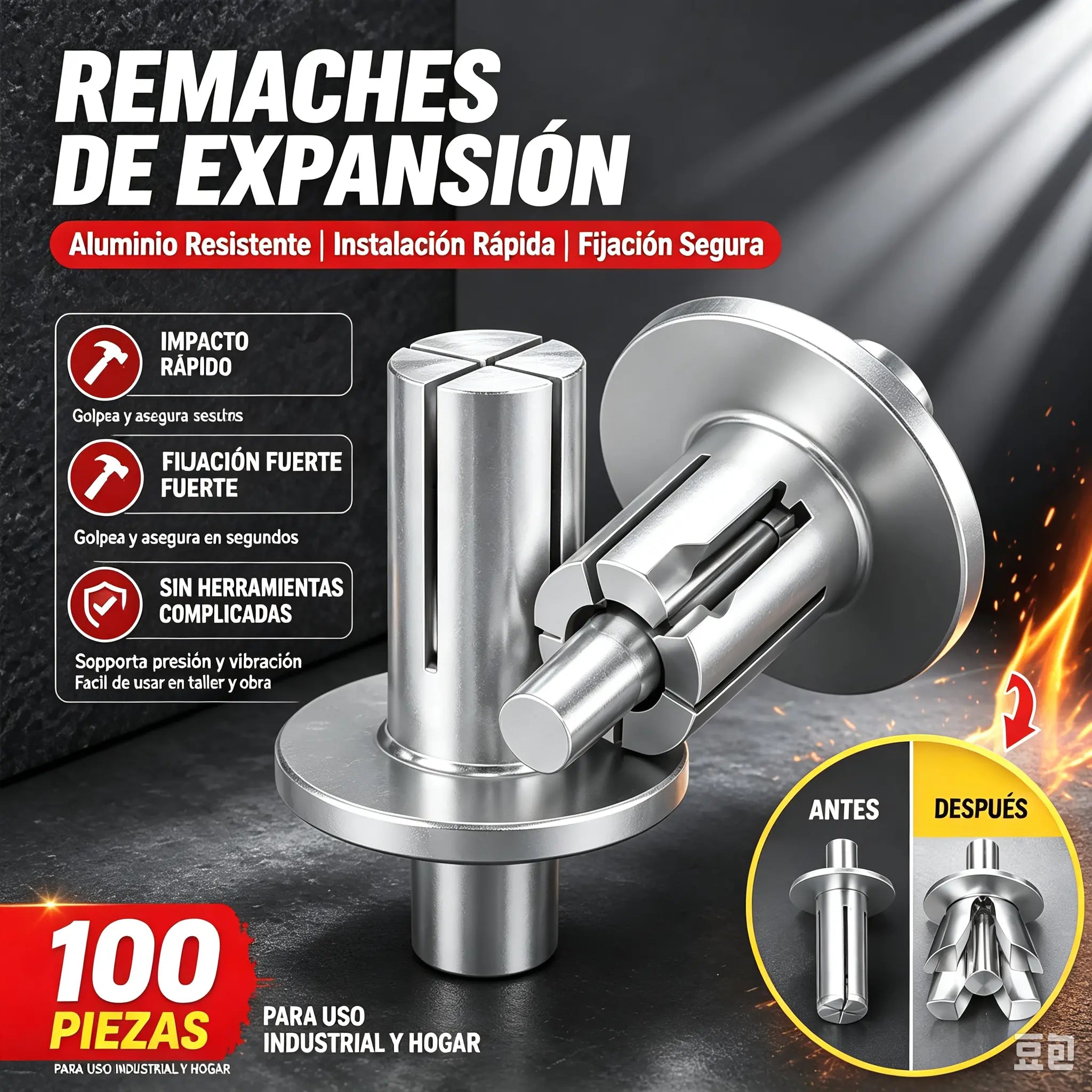 🔥【100 piezas 24 euros】🧰🔧 Remaches de aluminio con expansión de martillo: ¡fijación rápida y segura sin esfuerzo!🔩