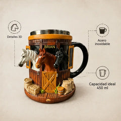 Taza de café 3D con temática de granja y establo, taza de acero inoxidable con relieve tridimensional, regalo ideal para amantes de los caballos.
