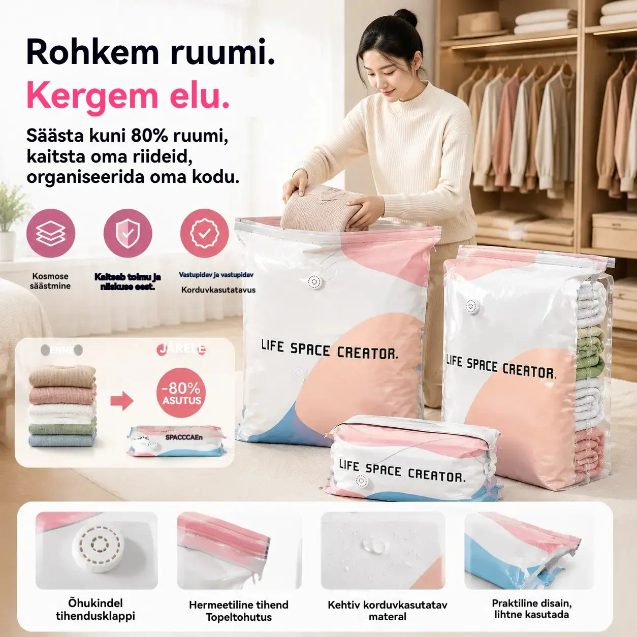 🧳【5-osaline komplekt 31 eurot】💨 Suur, kokkusurutav vaakumkott: pumpa pole vaja, lekkekindel ja ideaalne ruumi kokkuhoiuks kohvrites ja kodus ✈️