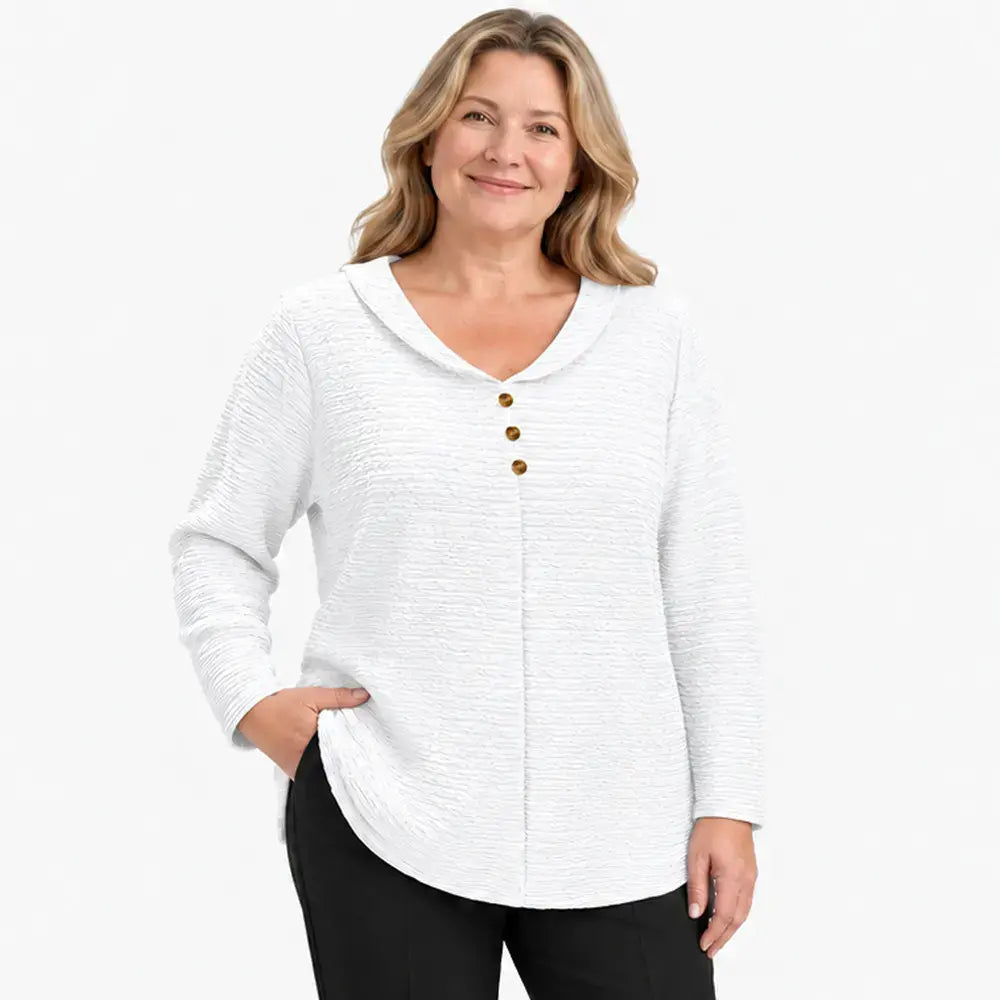 🔥【XL-5XL】🎁💖 Nový dámsky top pre plnšie veľkosti so zapínaním na gombíky, jednofarebný; z textúrovanej, skladanej látky a okrúhlym výstrihom (v štýle Petra Pana).