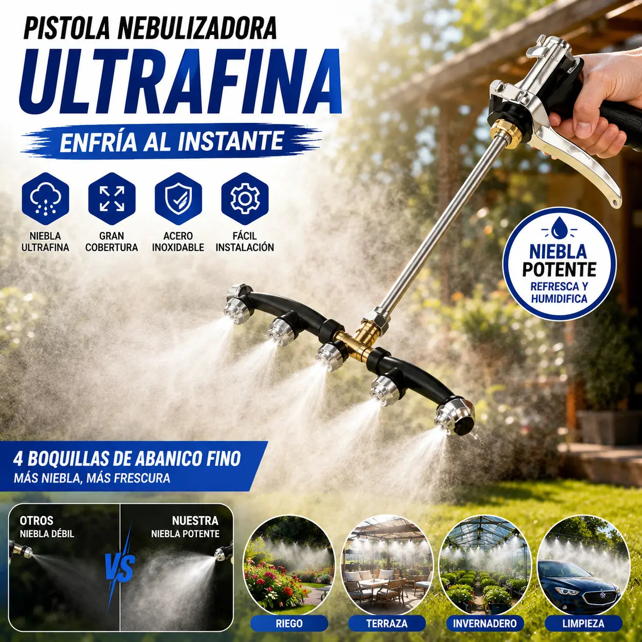 Nueva pistola pulverizadora de área amplia con niebla fina de cuatro cabezales en forma de abanico de acero inoxidable a prueba de óxido