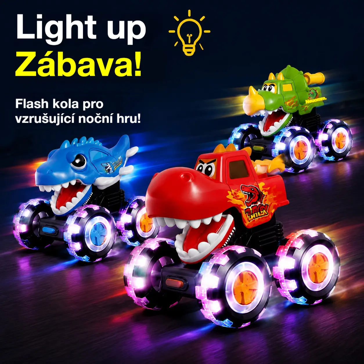 🦖🚗 Auto s dinosaurem a funkcí startování stisknutím: lehkým stisknutím se rozjede za doprovodu blikajících světel a zábavného řevu ✨🎮