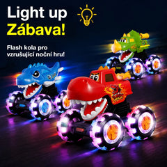 🦖🚗 Auto s dinosaurem a funkcí startování stisknutím: lehkým stisknutím se rozjede za doprovodu blikajících světel a zábavného řevu ✨🎮