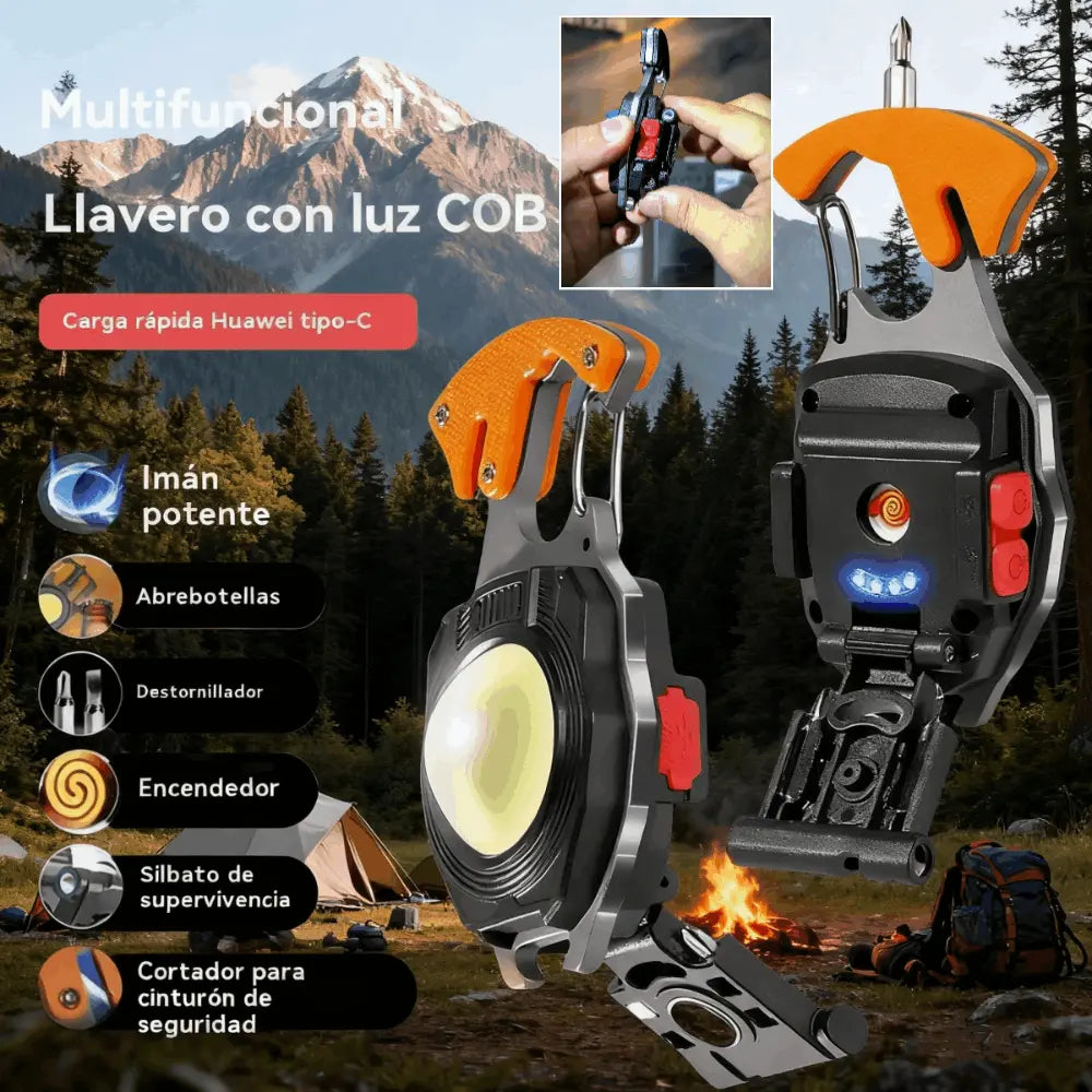 Llavero multifuncional 6 en 1 para exteriores con luz potente y función de encendido de fuego.