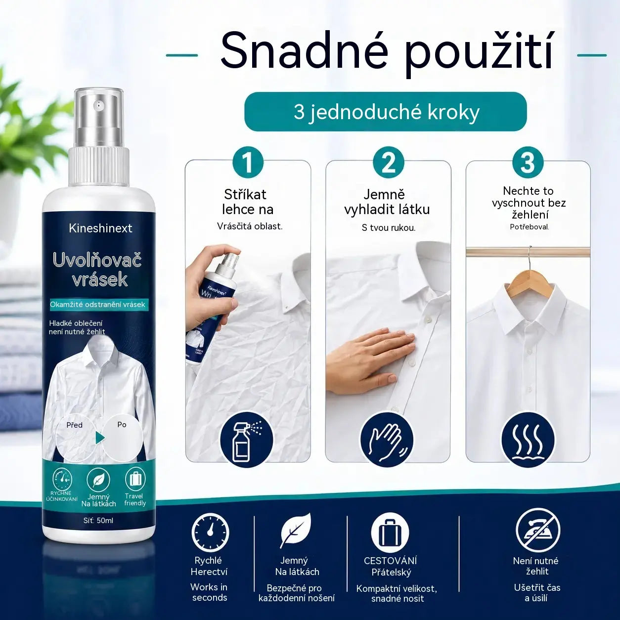 3 lahvičky za 560 Kč👔✨ Sprej na odstranění záhybů z oblečení – okamžité vyhlazení bez žehličky, ideální na cesty, bez statické elektřiny a pro svěží oblečení.