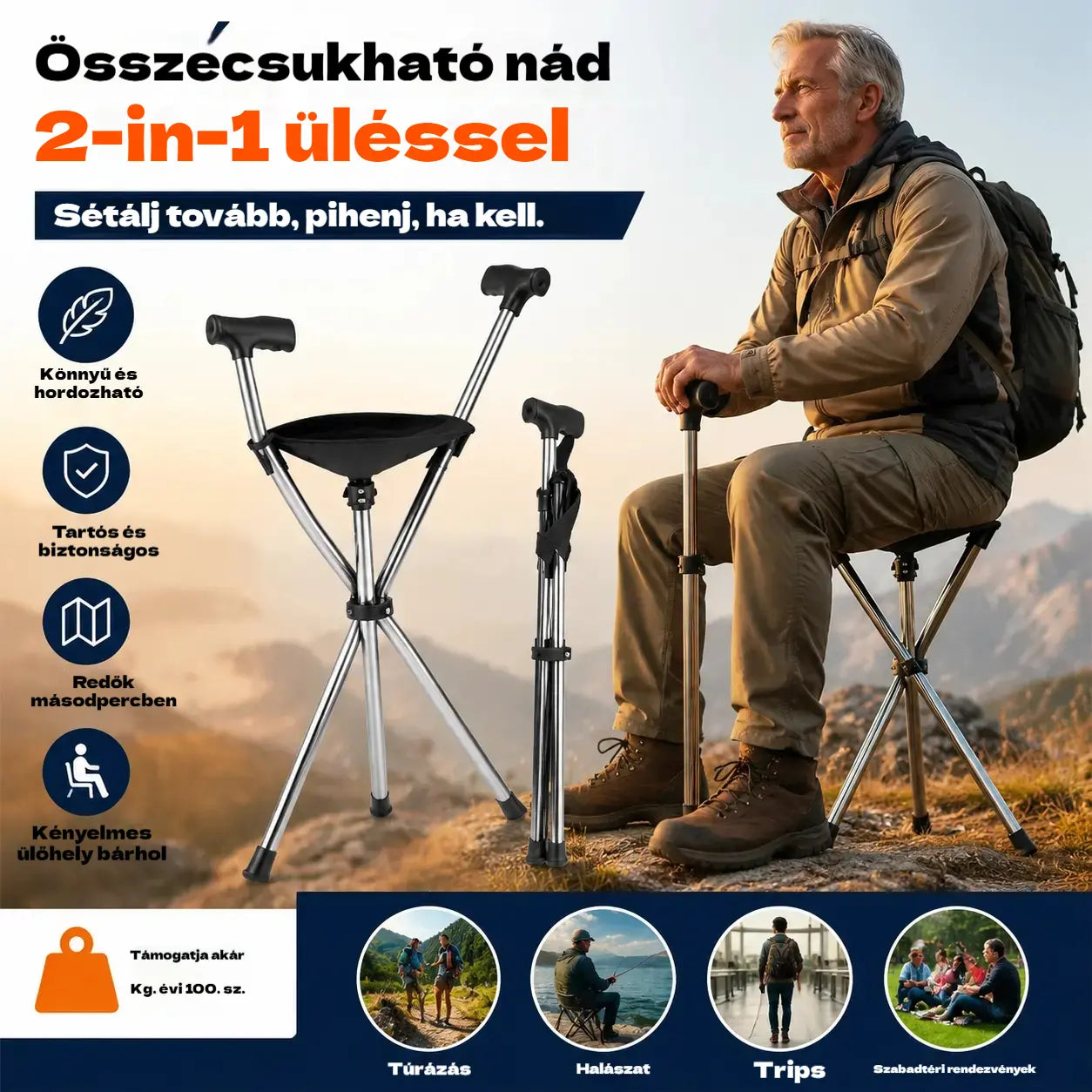✨2 az 1-ben összecsukható sétabot székkel, a mankók leesésgátlóak, összecsukhatóak és hordozhatóak✅