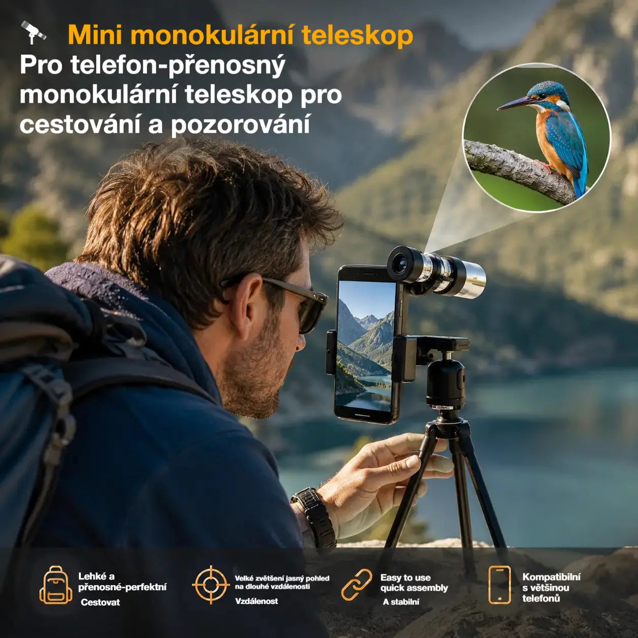 【🔭】Mini monokulární dalekohled pro telefon – Přenosný monokulární dalekohled pro cestování a pozorování