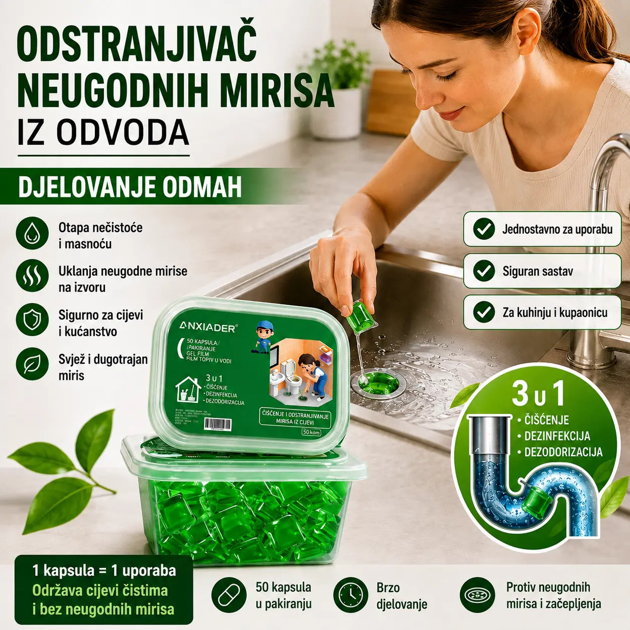 2 kutije (100 kapsula) za 24 €-Vodotopive kapsule za uklanjanje neugodnih mirisa iz odvoda – vrhunsko rješenje za sprječavanje širenja neugodnih mirisa u kupaonicama i kuhinjama.