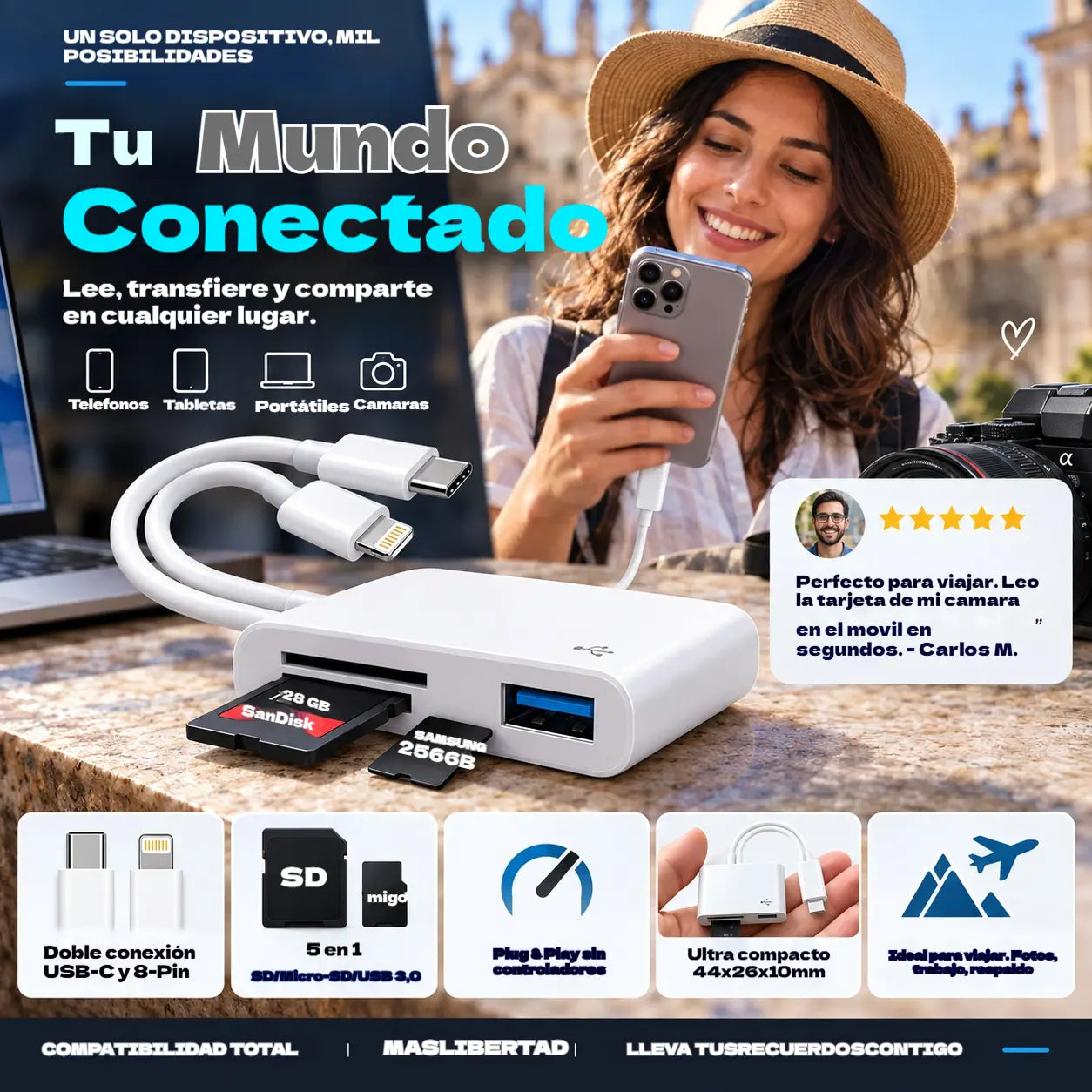 💾✨ Lector de tarjetas 5 en 1, no necesita adaptador: transferencia instantánea de archivos, compatible con tarjetas SD, Micro SD y otras, conectar y usar 🚀🔌