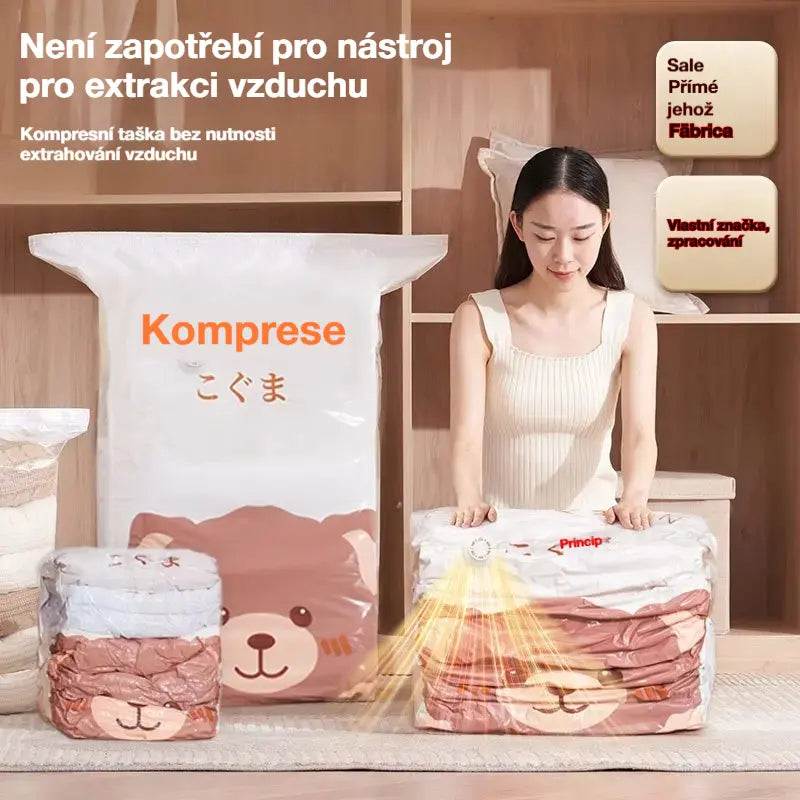 🧳【Sada 5 kusů】💨 Velký, stlačitelný vakuový úložný sáček: není potřeba pumpička, nepropustný a ideální pro úsporu místa v kufrech i doma ✈️