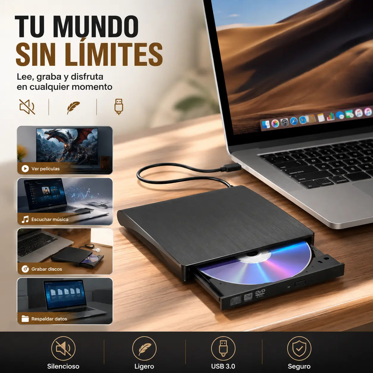 💿 Lector CD/DVD Externo USB 3.0 — ¡Recupera tus Discos y Lee, Reproduce y Graba Archivos Fácilmente!