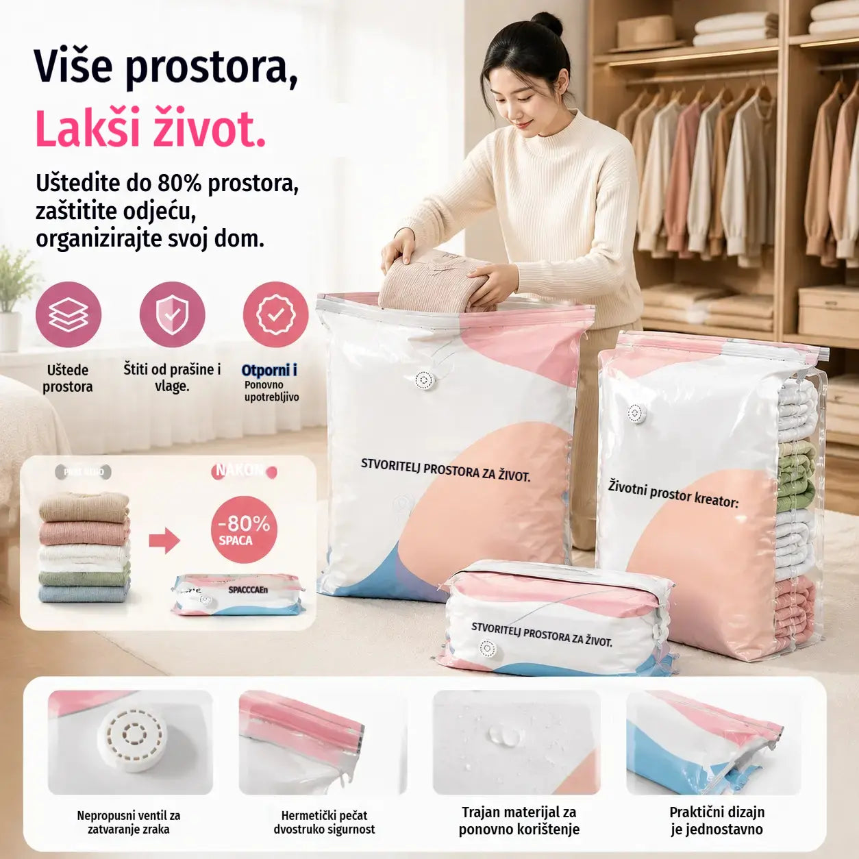 🧳【Set od 5 dijelova 29 eura】💨 Velika, stlačiva vakuumska vrećica za pohranu: nije potrebna pumpa, nepropusna je i idealna za uštedu prostora u koferima i kod kuće ✈️