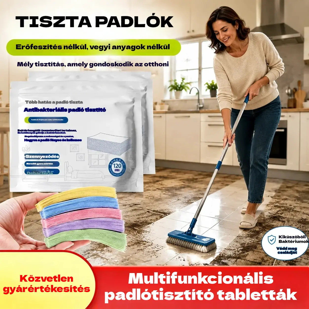 🧹✨ 240 db többcélú antibakteriális és szagtalanító tisztítótabletta | Alkalmas keményfa, laminált padló, csempék és lakókocsi falak tisztítására