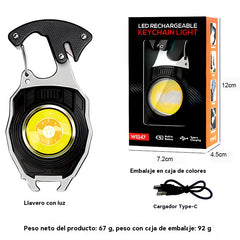 Llavero multifuncional 6 en 1 para exteriores con luz potente y función de encendido de fuego.