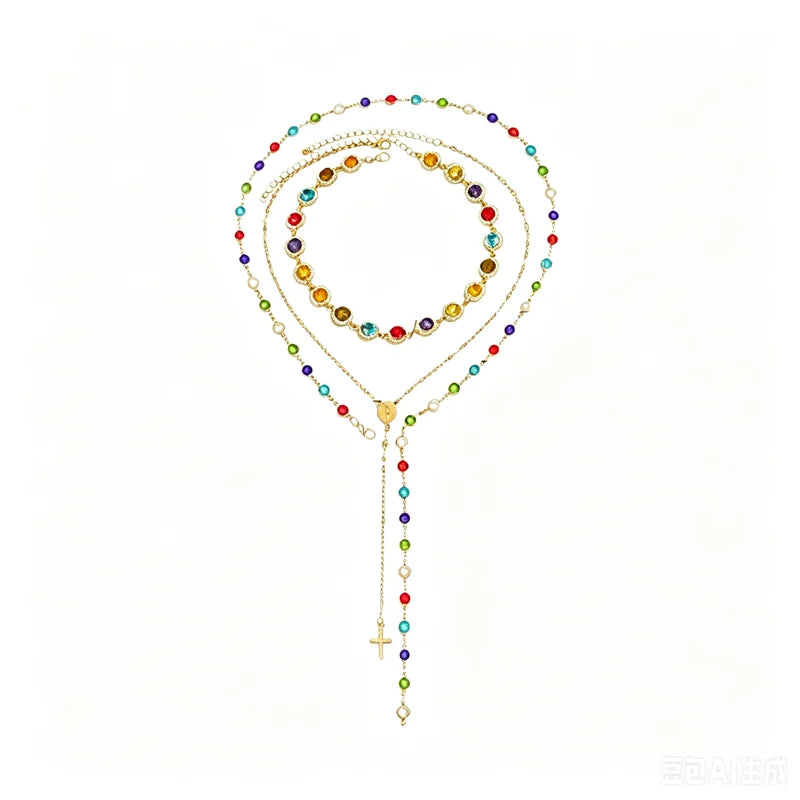 ✨ Viacvrstvový náhrdelník s drahokamami v tvare kríža | Elegantné šperky v bohémskom štýle, módny doplnok, ktorý kombinuje šarm a ochrannú symboliku ✨