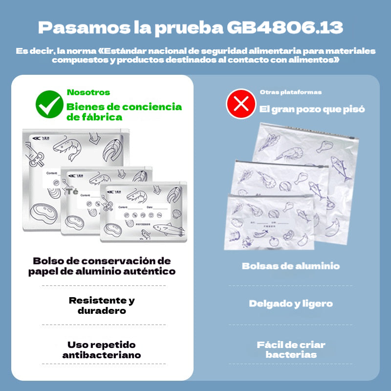 Bolsas de aluminio antibacterianas aptas para uso alimentario, para refrigerador o uso doméstico, para la conservación y el sellado de carne y verduras congeladas.