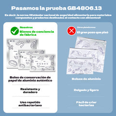Bolsas de aluminio antibacterianas aptas para uso alimentario, para refrigerador o uso doméstico, para la conservación y el sellado de carne y verduras congeladas.