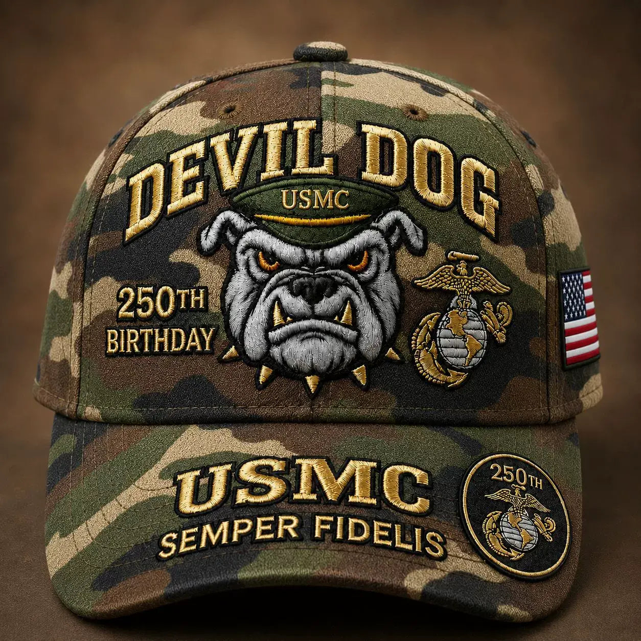 🐶🧢Kézzel hímzett, az amerikai tengerészgyalogság 250. évfordulójára készült "Devil Dog" baseballsapka.
