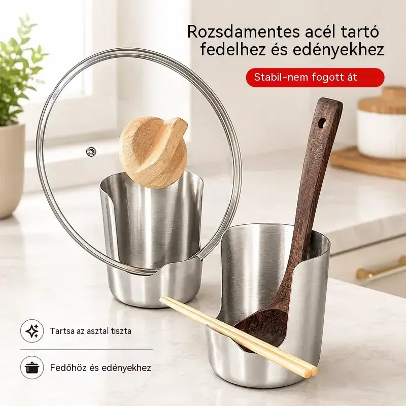 Vásároljon 1-et, kapjon 2-t ingyen --【2 db】Rozsdamentes acél edényfedő, merőkanál és spatulatartó – Integrált, stabil és csúszásmentes konyhai rendszerező