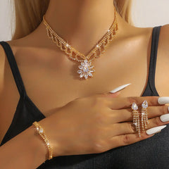 ✨👑【Collar + Pendientes + Pulsera】Elegante conjunto de joyas de loto con diamantes de imitación