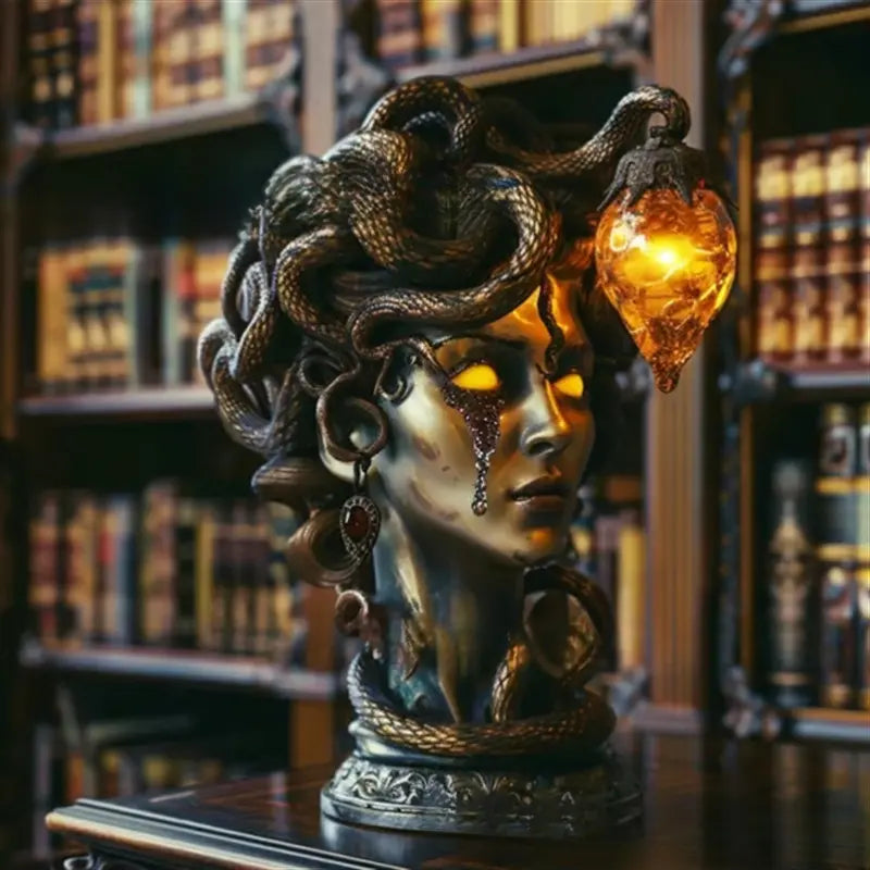 ✨🐍Lámpara de mesa con estatua de Medusa, monstruo mítico gótico, adorno de resina.
